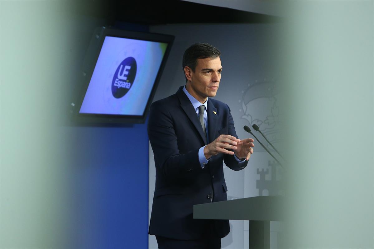 25/11/2018. Consejo Europeo extraordinario. El presidente del Gobierno, Pedro Sánchez, durante su intervención tras el Consejo Europeo extra...