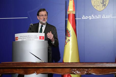 26/02/2018. VIII Reunión de Alto Nivel entre Túnez y España. El presidente del Gobierno, Mariano Rajoy, durante la rueda de prensa ofrecida ...