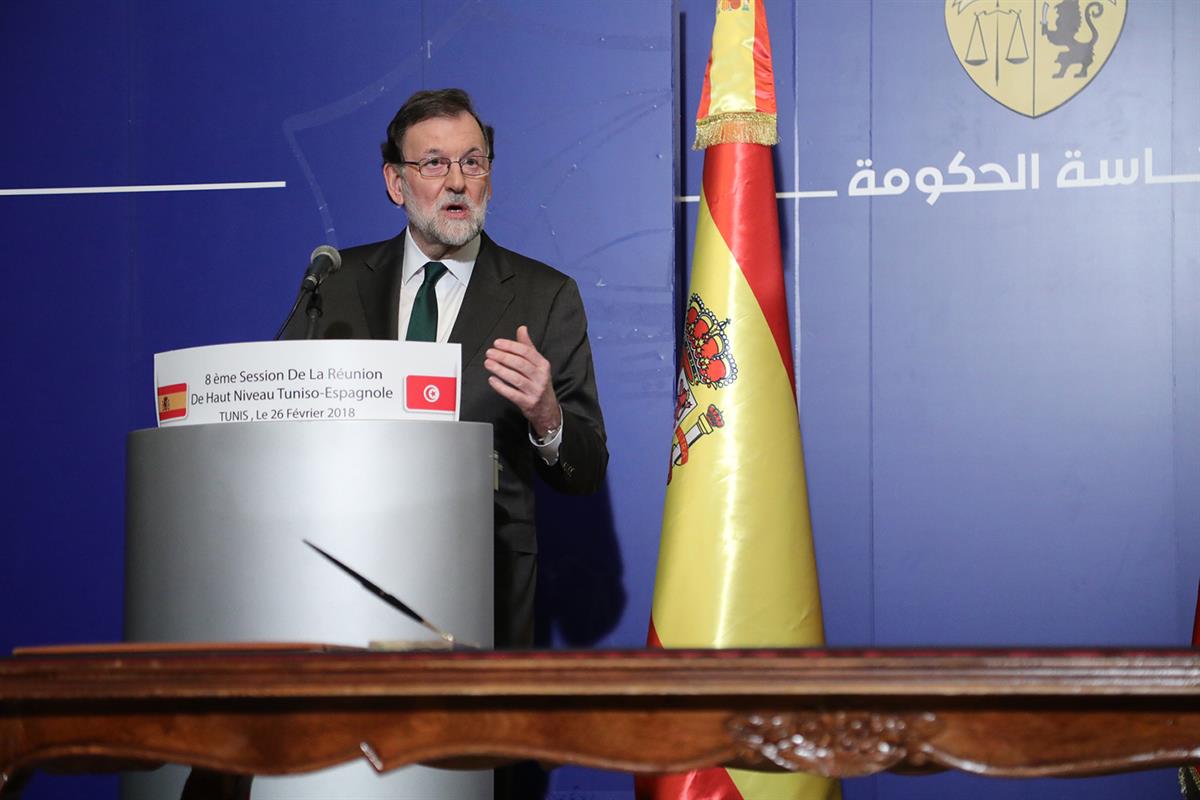 26/02/2018. VIII Reunión de Alto Nivel entre Túnez y España. El presidente del Gobierno, Mariano Rajoy, durante la rueda de prensa ofrecida ...