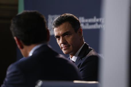 26/09/2018. Sánchez participa en el Foro Bloomberg. El presidente del Gobierno, Pedro Sánchez, durante su participación en el Foro Bloomberg.