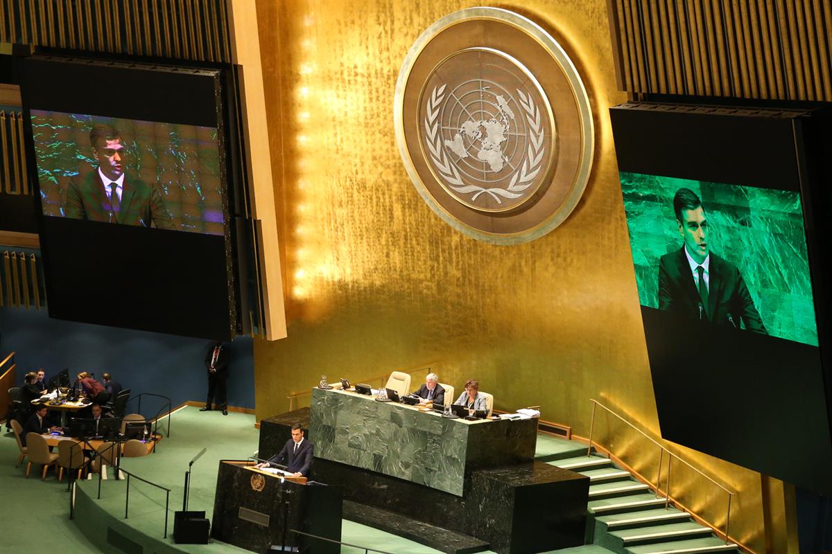 27/09/2018. El presidente del Gobierno interviene en la Asamblea General de la ONU. El presidente del Gobierno, Pedro Sánchez, durante su in...