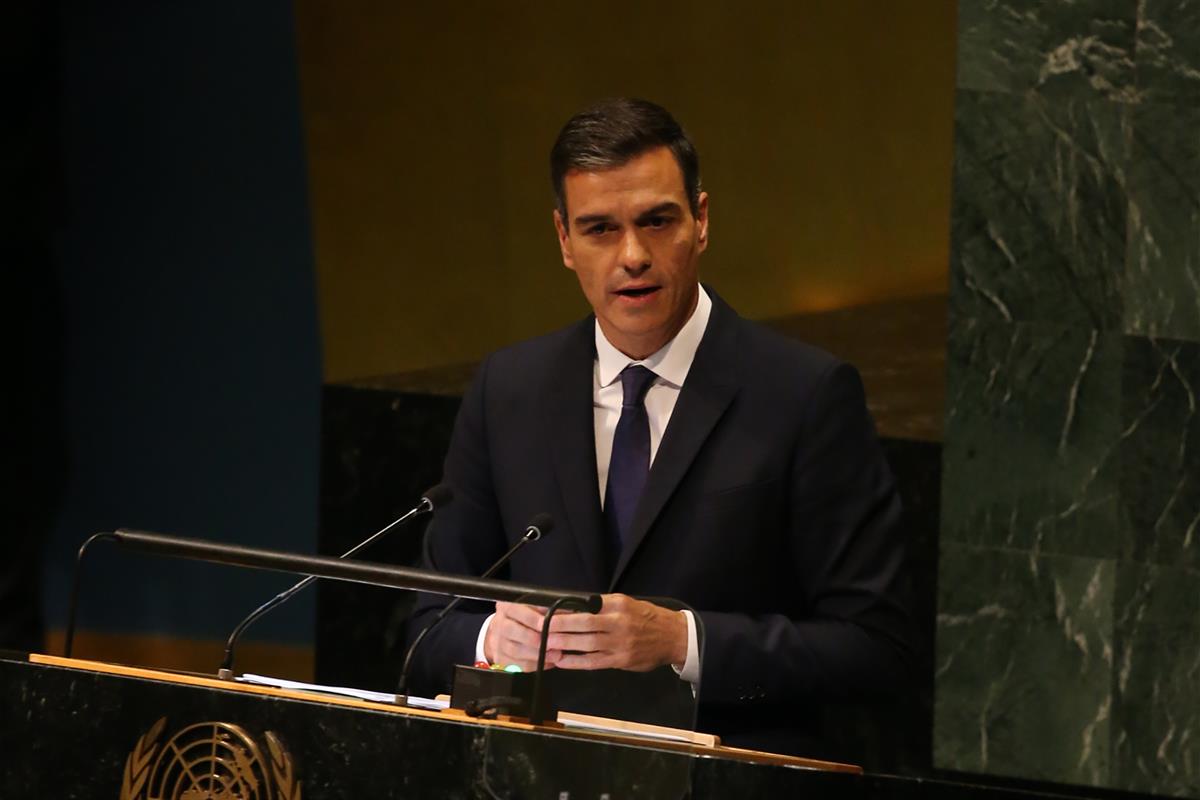 27/09/2018. El presidente del Gobierno interviene en la Asamblea General de la ONU. El presidente del Gobierno, Pedro Sánchez, durante su in...