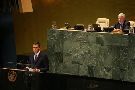 27/09/2018. El presidente del Gobierno interviene en la Asamblea General de la ONU. El presidente del Gobierno, Pedro Sánchez, durante su in...