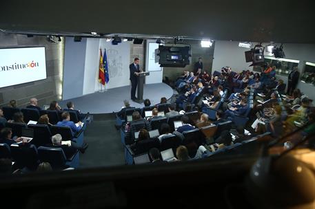 28/12/2018. Pedro Sánchez hace balance de su Gobierno. El presidente del Gobierno, Pedro Sánchez, durante la rueda de prensa posterior al Co...