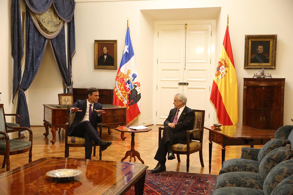 28/08/2018. Viaje del presidente Sánchez a Latinoamérica. Primera jornada. El presidente del Gobierno, Pedro Sánchez, y el presidente de Chi...