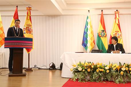 29/08/2018. Viaje del presidente a Bolivia. El presidente Pedro Sánchez pronuncia unas palabras en presencia del presidente de Bolivia, Evo ...
