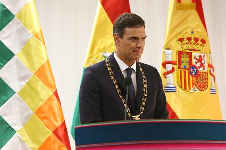 29/08/2018. Viaje del Presidente a Bolivia. El presidente del Gobierno, Pedro Sánchez, durante su intervención en el transcurso de su viaje ...