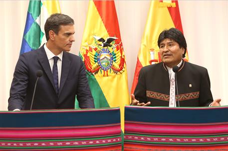 29/08/2018. Viaje del presidente a Bolivia. Los presidentes de España, Pedro Sánchez y de Bolivia, Evo Morales, durante sendas intervencione...
