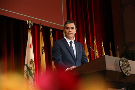 28/09/2018. Pedro Sánchez en Los Ángeles. El presidente del Gobierno, Pedro Sánchez, durante su intervención en la Universidad del Sur de California.