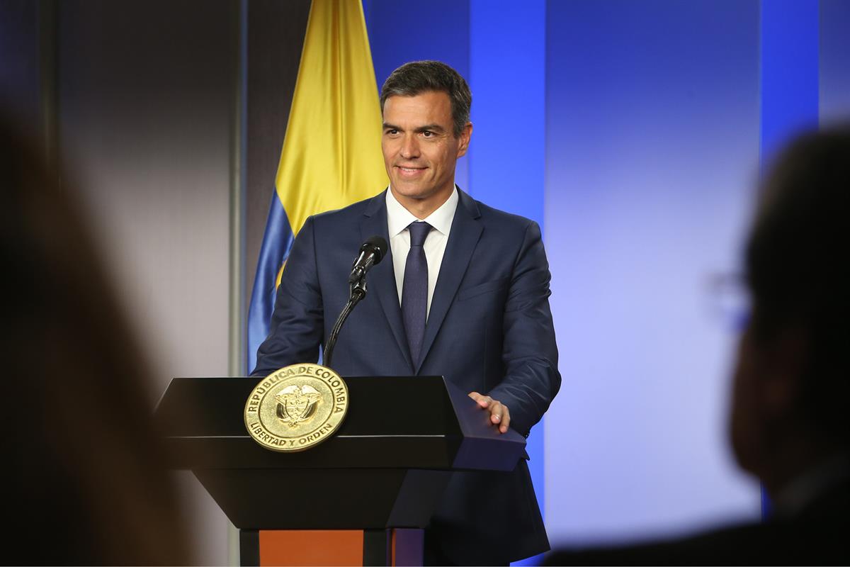 30/08/2018. Viaje de Pedro Sánchez a Latinoamérica: Colombia. El presidente del Gobierno, Pedro Sánchez, durante la conferencia de prensa of...