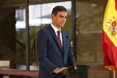 31/08/2018. Viaje de Pedro Sánchez a Latinoamérica: Costa Rica. El presidente del Gobierno, Pedro Sánchez, en un momento de la comparecencia...