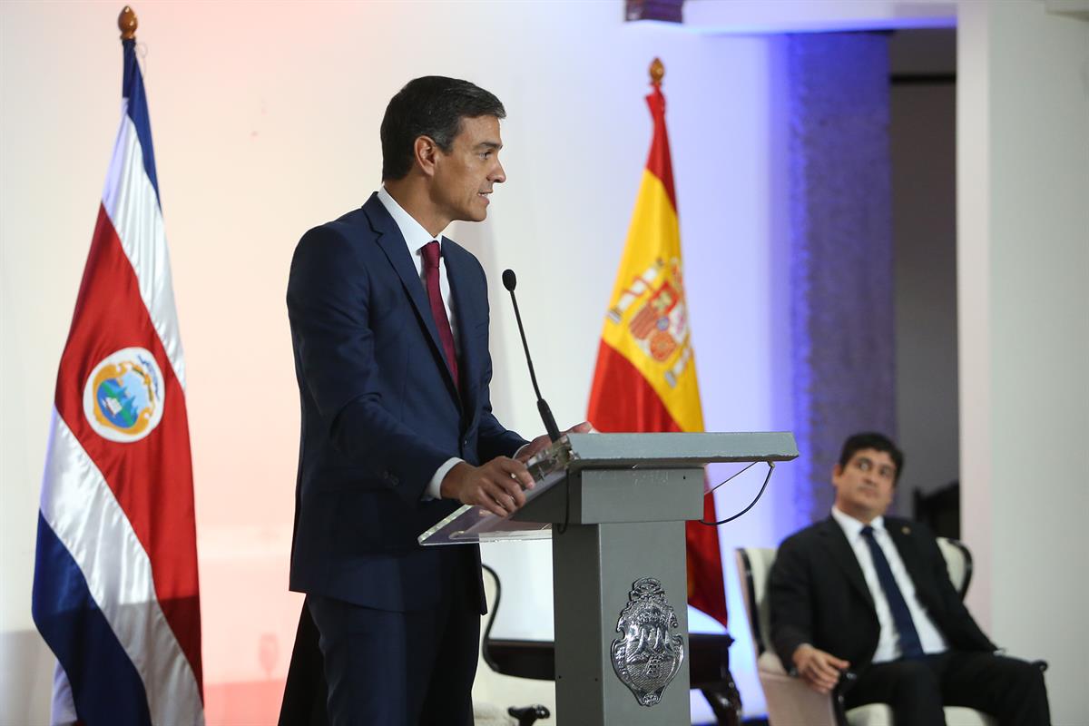 31/08/2018. Viaje de Pedro Sánchez a Latinoamérica: Costa Rica. El presidente del Gobierno, Pedro Sánchez, durante su intervención en el act...