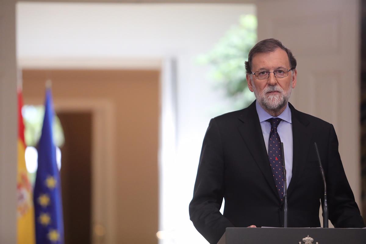 4/05/2018. Declaración institucional tras el anuncio de ETA. El presidente del Gobierno, Mariano Rajoy, durante su comparecencia en La Moncl...