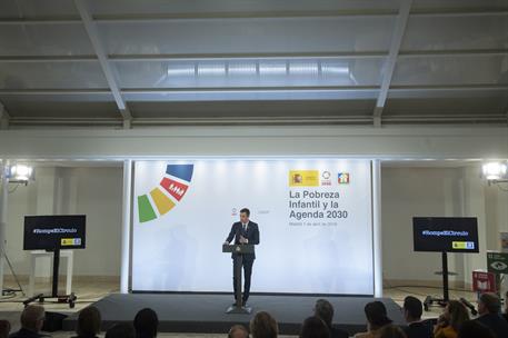 1/04/2019. Pobreza Infantil. El presidente del Gobierno, Pedro Sánchez, durante su intervención en el encuentro "La pobreza infantil y la Ag...