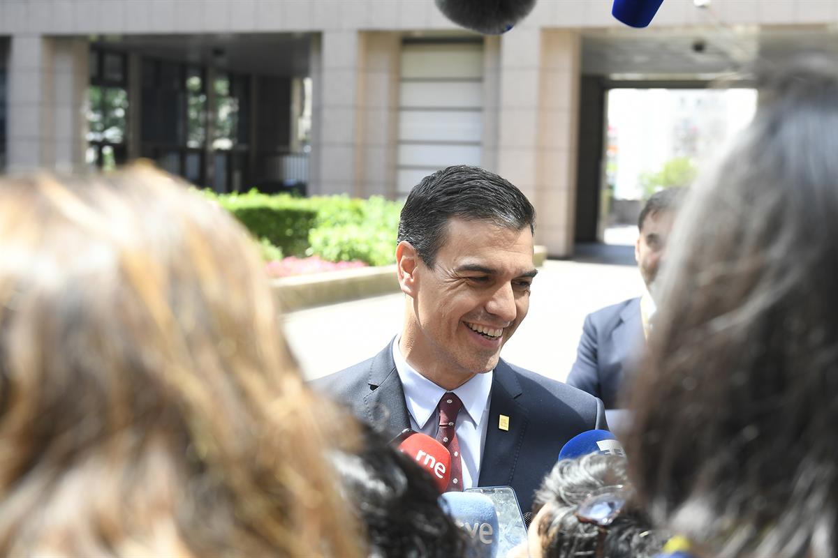 1/07/2019. Declaraciones de Pedro Sánchez en la reunión del Consejo Europeo extraordinario. El presidente del Gobierno en funciones, Pedro S...