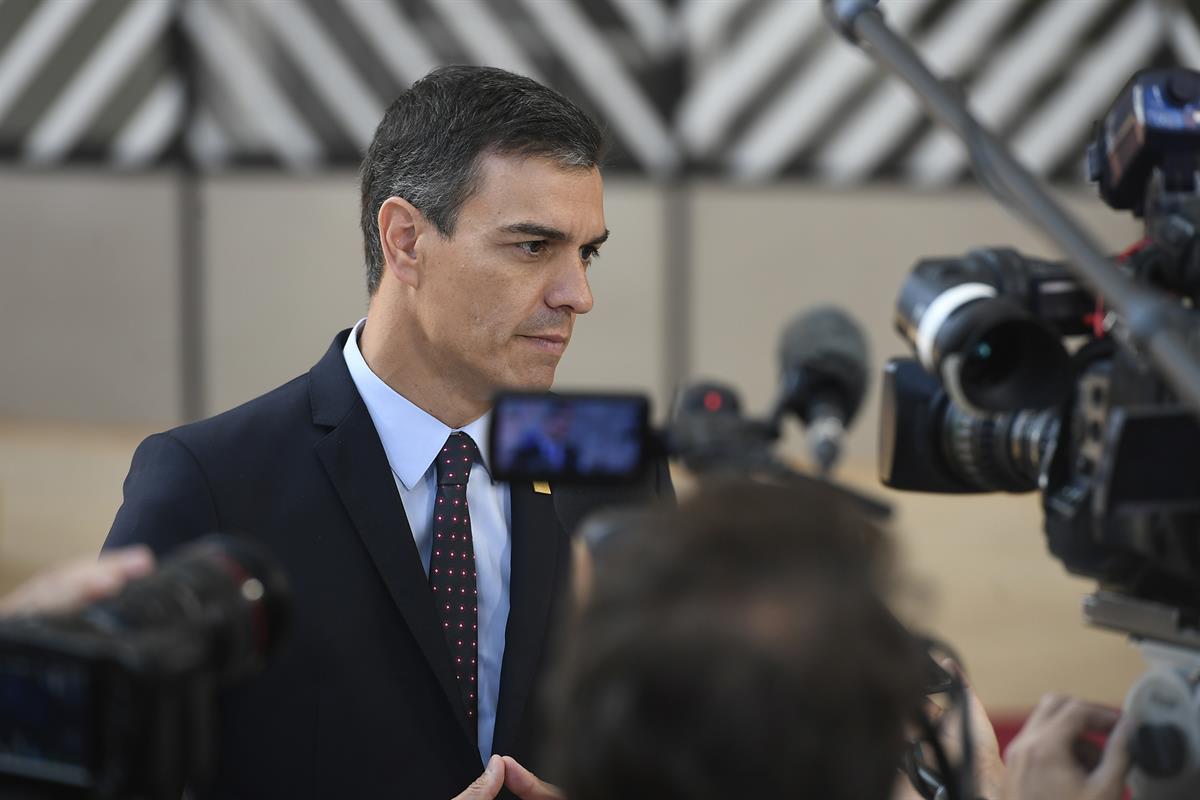 2/07/2019. Pedro Sánchez asiste al Consejo Europeo Extraordinario. El presidente del Gobierno en funciones, Pedro Sánchez, realiza declaraci...