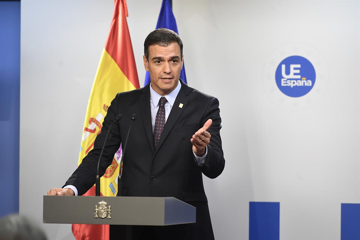 2/07/2019. Conferencia de Pedro Sánchez tras los acuerdos de la UE. El presidente del Gobierno en funciones, Pedro Sanchez, durante la confe...