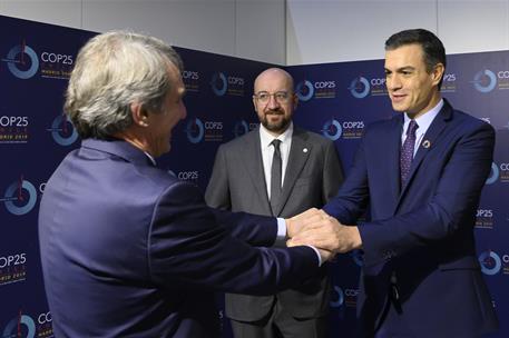 2/12/2019. Sánchez asiste a la COP25. El presidente del Gobierno en funciones, Pedro Sánchez, recibe al presidente del Parlamento Europeo, D...