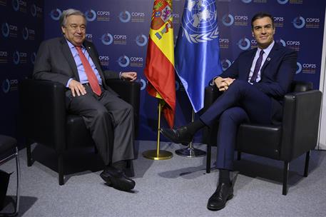 2/12/2019. Sánchez asiste a la COP25. El presidente del Gobierno en funciones, Pedro Sánchez, en la reunión bilateral con el secretario gene...
