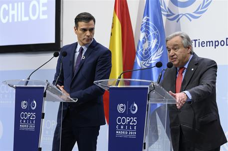2/12/2019. COP25: Rueda de prensa. El presidente del Gobierno en funciones, Pedro Sánchez, junto al secretario general de la ONU, António Gu...