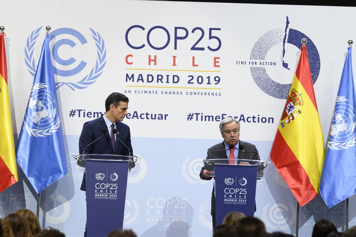 2/12/2019. COP25: Rueda de prensa. El presidente del Gobierno en funciones, Pedro Sánchez, junto al secretario general de la ONU, António Gu...