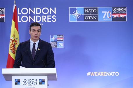 4/12/2019. Pedro Sánchez participa en la Cumbre de la OTAN. El presidente del Gobierno en funciones, Pedro Sánchez, durante su comparecencia...
