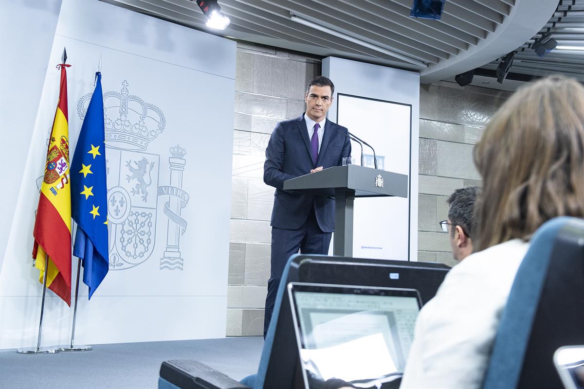 6/06/2019. Comparecencia de Pedro Sánchez en La Moncloa. El presidente del Gobierno en funciones, Pedro Sánchez, en un momento de su compare...