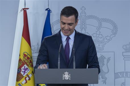 6/06/2019. Comparecencia de Pedro Sánchez en La Moncloa. El presidente del Gobierno en funciones, Pedro Sánchez, comparece en La Moncloa tra...