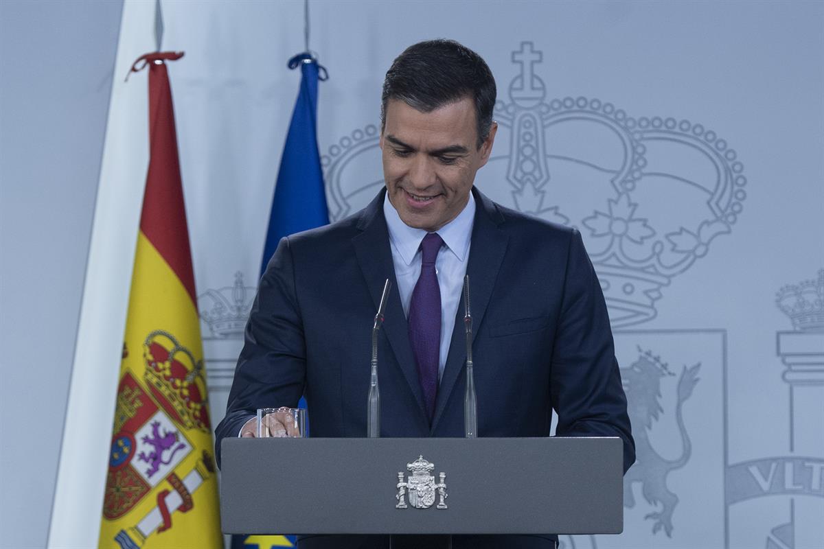 6/06/2019. Comparecencia de Pedro Sánchez en La Moncloa. El presidente del Gobierno en funciones, Pedro Sánchez, comparece en La Moncloa tra...