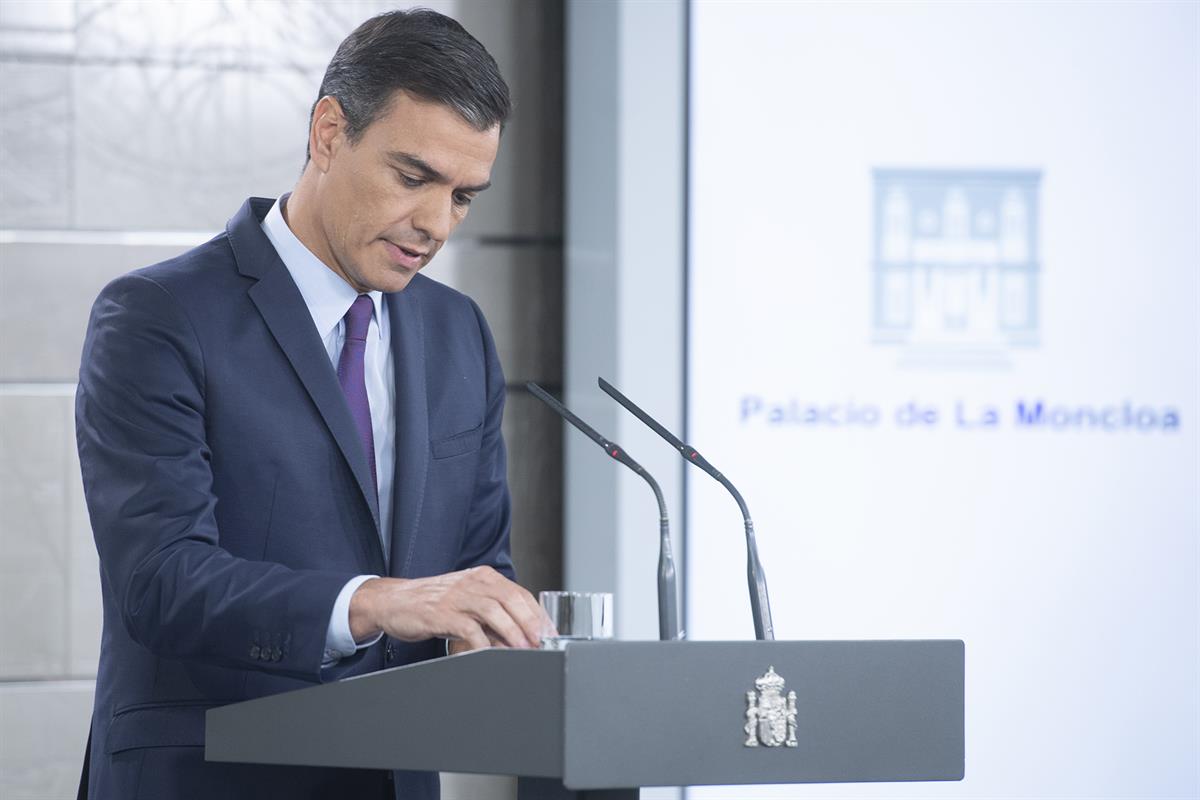 6/06/2019. Comparecencia de Pedro Sánchez en La Moncloa. El presidente del Gobierno en funciones, Pedro Sánchez, comparece en La Moncloa tra...