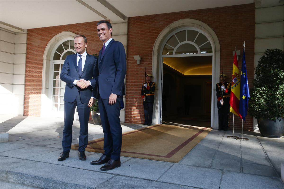 6/06/2019. Reunión entre Pedro Sánchez y Donald Tusk. El presidente del Gobierno en funciones, Pedro Sánchez, recibe al presidente del Conse...