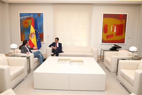7/05/2019. Pedro Sánchez recibe a Pablo Iglesias. El presidente del Gobierno en funciones, Pedro Sánchez, conversa con el secretario general...