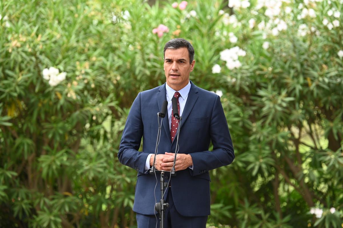 7/08/2019. Despacho de Pedro Sánchez con Felipe VI. El presidente del Gobierno en funciones, Pedro Sánchez, atiende a los medios de comunica...