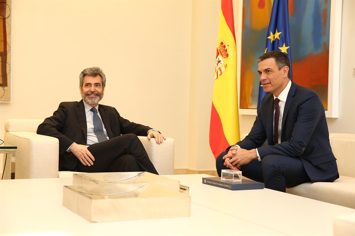 9/01/2019. Pedro Sánchez recibe a Carlos Lesmes, presidente del CGPJ. El presidente del Gobierno, Pedro Sánchez, durante la reunión que ha m...