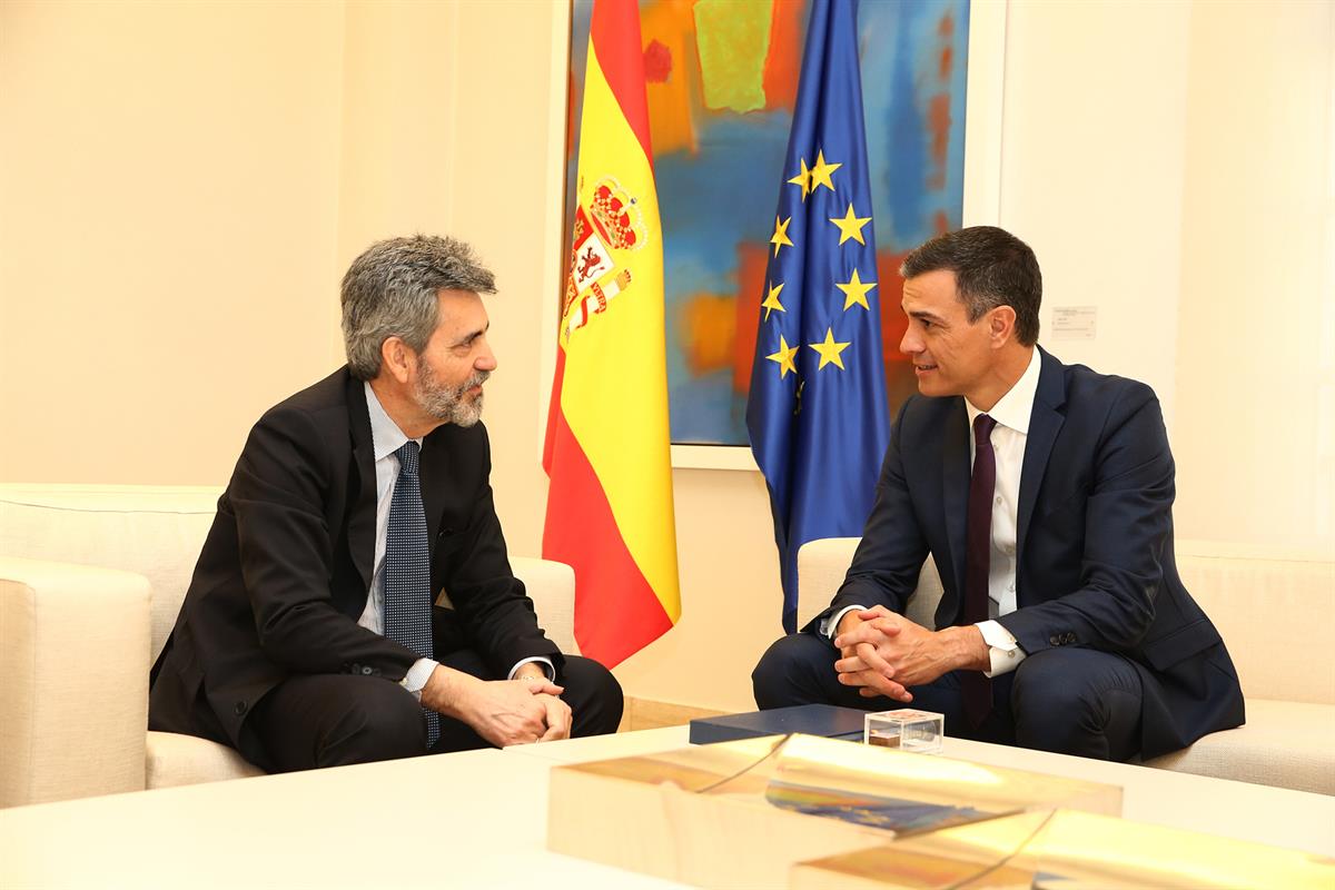 9/01/2019. Pedro Sánchez recibe a Carlos Lesmes, presidente del CGPJ. El presidente del Gobierno, Pedro Sánchez, durante la reunión que ha m...