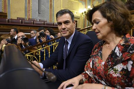 11/09/2019. Comparecencia de Pedro Sánchez en el Congreso. El presidente del Gobierno en funciones, Pedro Sánchez, junto a la vicepresidenta...