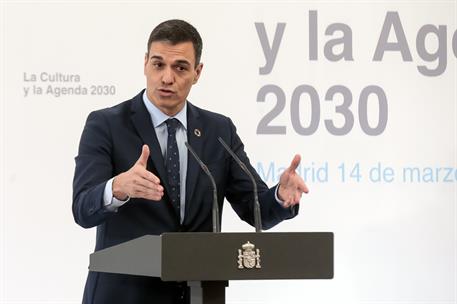 14/03/2019. Pedro Sánchez preside el encuentro 'La Cultura y la Agenda 2030'. El presidente del Gobierno, Pedro Sánchez, durante su interven...