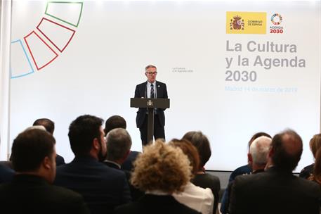 14/03/2019. Pedro Sánchez preside el encuentro 'La Cultura y la Agenda 2030'. El ministro de Cultura y Deporte, José Guirao, durante su inte...
