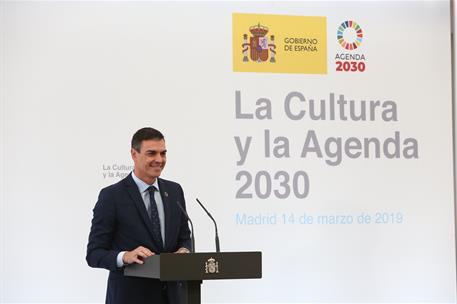 14/03/2019. Pedro Sánchez preside el encuentro 'La Cultura y la Agenda 2030'. El presidente del Gobierno, Pedro Sánchez, durante su interven...