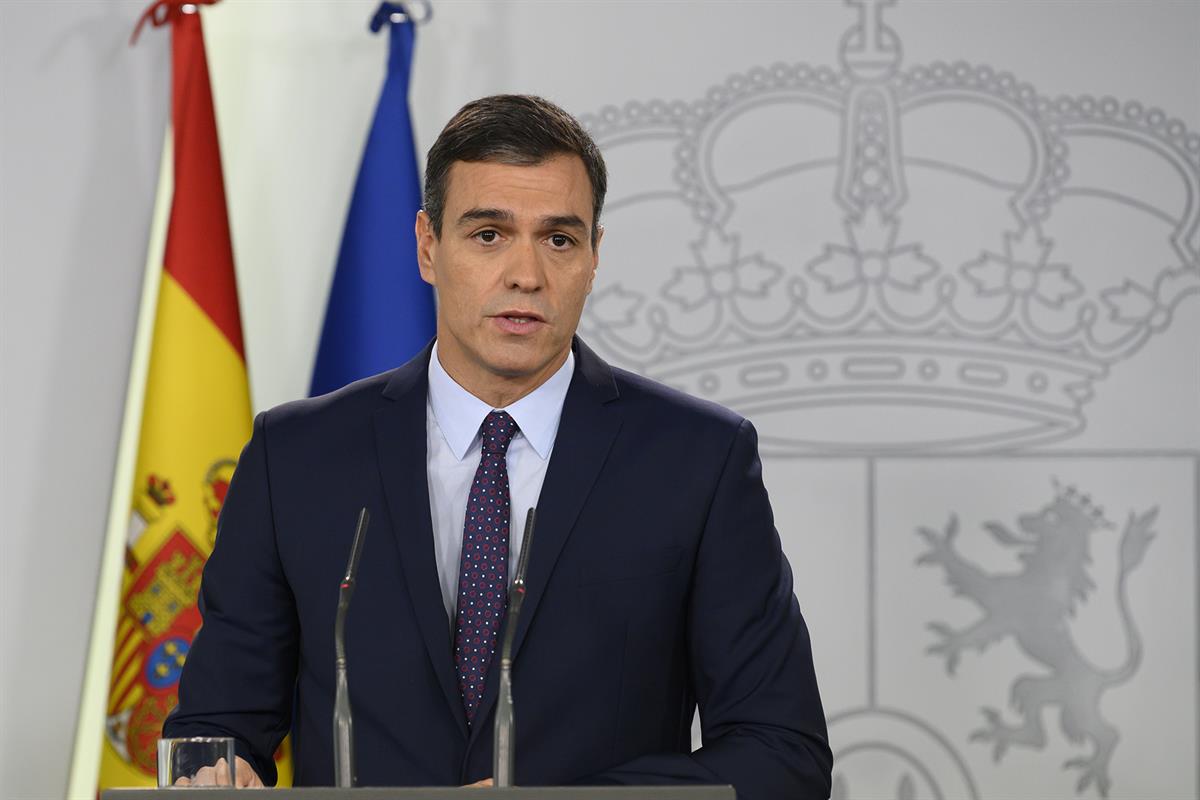 14/10/2019. Comparecencia institucional de Pedro Sánchez. El presidente del Gobierno en funciones, Pedro Sánchez, durante su comparecencia a...