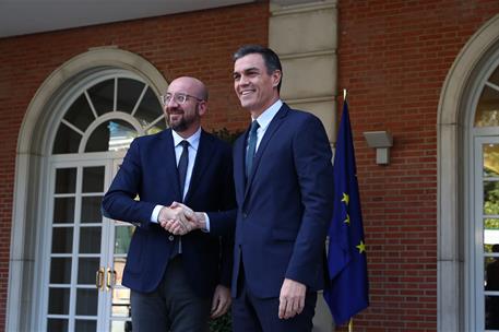 14/11/2019. Sánchez recibe al presidente electo del Consejo Europeo. El presidente del Gobierno en funciones, Pedro Sánchez, saluda al presi...