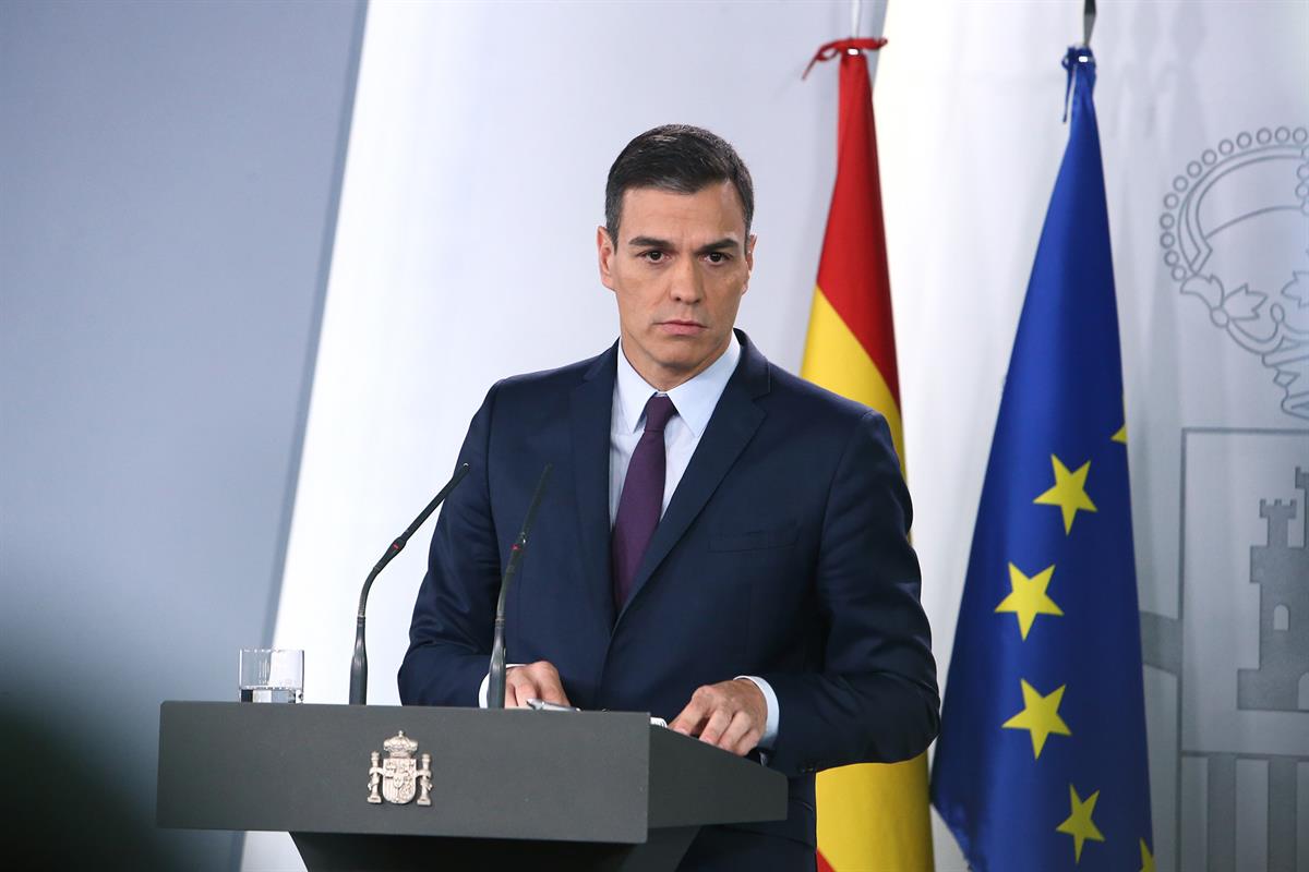 15/02/2019. Declaración institucional del presidente del Gobierno. El presidente del Gobierno, Pedro Sánchez, durante la declaración institu...