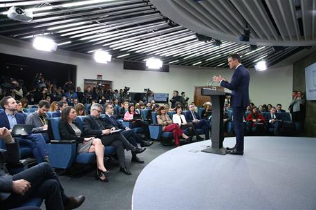 15/02/2019. Declaración institucional del presidente del Gobierno. El presidente del Gobierno, Pedro Sánchez, durante la declaración institu...