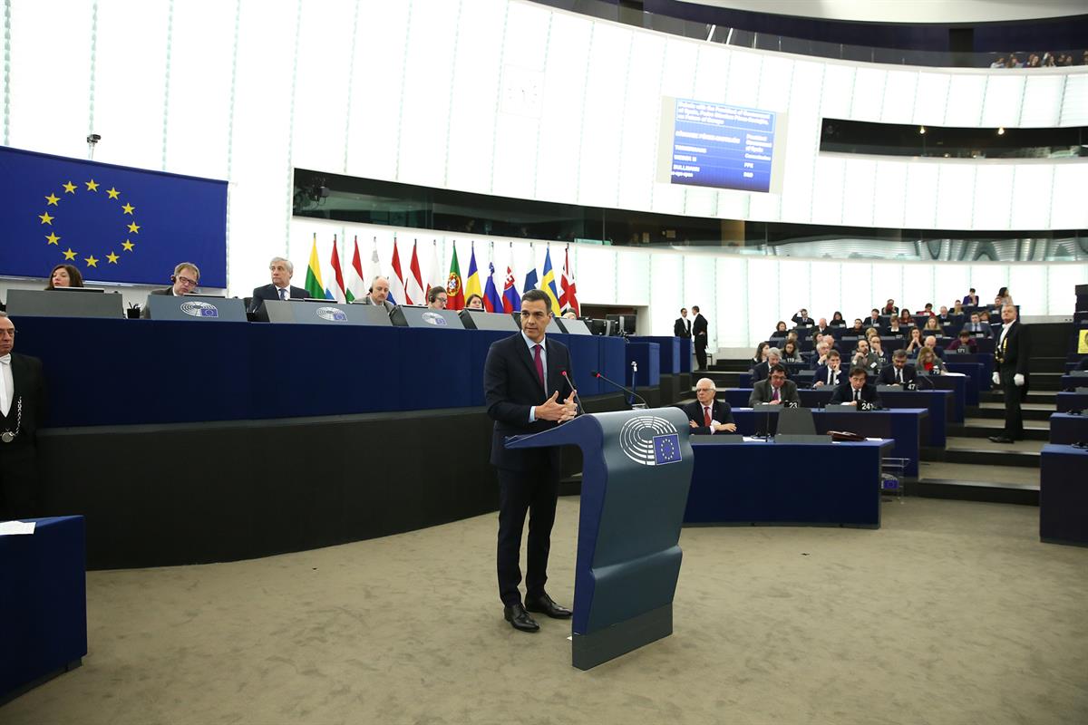 16/01/2019. Pedro Sánchez interviene ante el Pleno del Parlamento Europeo. El presidente del Gobierno, Pedro Sánchez, durante su intervenció...