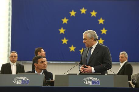 16/01/2019. Pedro Sánchez interviene ante el Pleno del Parlamento Europeo. El presidente del Gobierno, Pedro Sánchez, y el presidente del Pa...