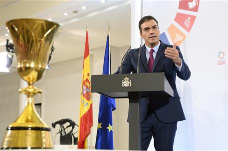 16/09/2019. Sánchez recibe a la selección masculina de baloncesto. Durante su intervención, el presidente del Gobierno en funciones, Pedro S...