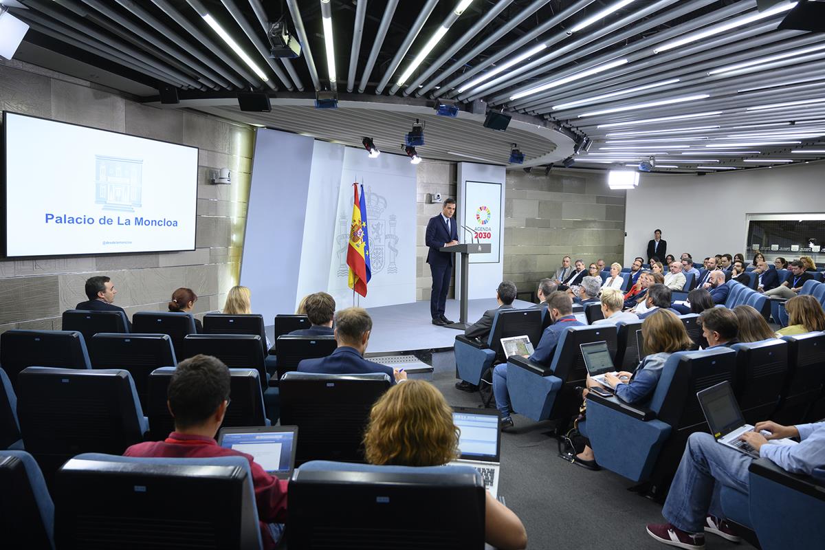 17/09/2019. Pedro Sánchez comparece en rueda de prensa para informar de su reunión con el Rey. El presidente del Gobierno en funciones, Pedr...