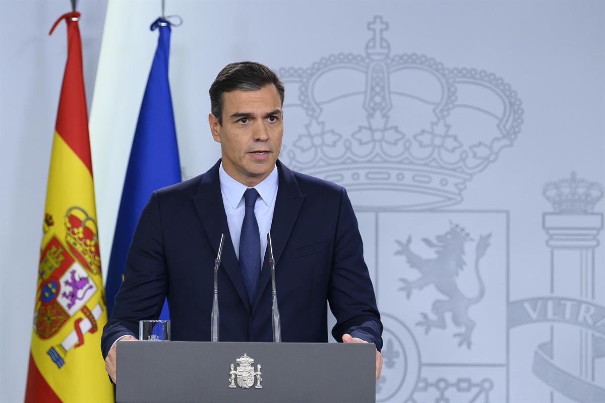 17/09/2019. Pedro Sánchez comparece en rueda de prensa para informar de su reunión con el Rey. El presidente del Gobierno en funciones, Pedr...