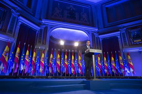 19/03/2019. Sánchez pronuncia la conferencia "Proteger el ideal de Europa". El presidente del Gobierno, Pedro Sánchez, durante su intervenci...