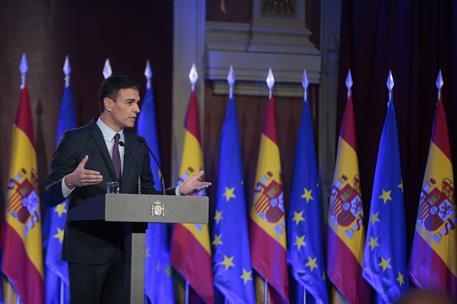 19/03/2019. Sánchez pronuncia la conferencia "Proteger el ideal de Europa". El presidente del Gobierno, Pedro Sánchez, durante su intervenci...
